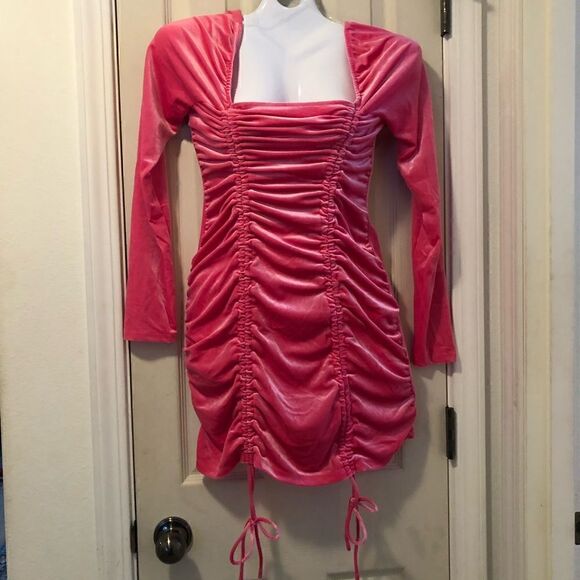 Bodycon Dress Long Sleeve Velvet Ruched Women's Wild Fable. Y2K hot pink - Picture 13 of 13